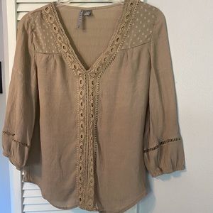 By Design Boho Tan Peasant Blouse with 3/4 sleeve